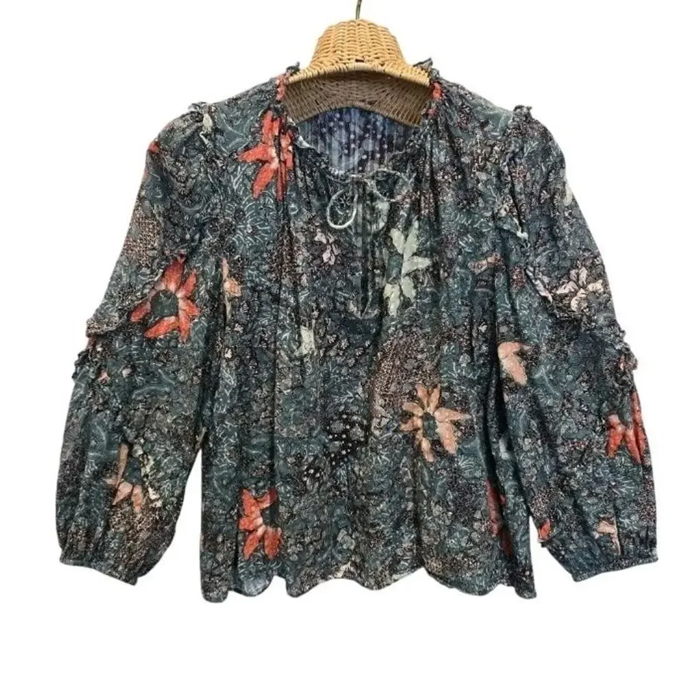 Ulla Johnson Manet Boho Top Size 8 Malachite Floral Ruffle Puff Sleeve Blouse